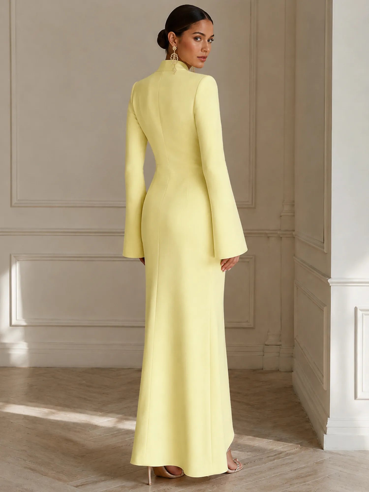 Formal Yellow V Neck Long Sleeves Floor Length Dress With Slit