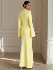 Formal Yellow V Neck Long Sleeves Floor Length Dress With Slit