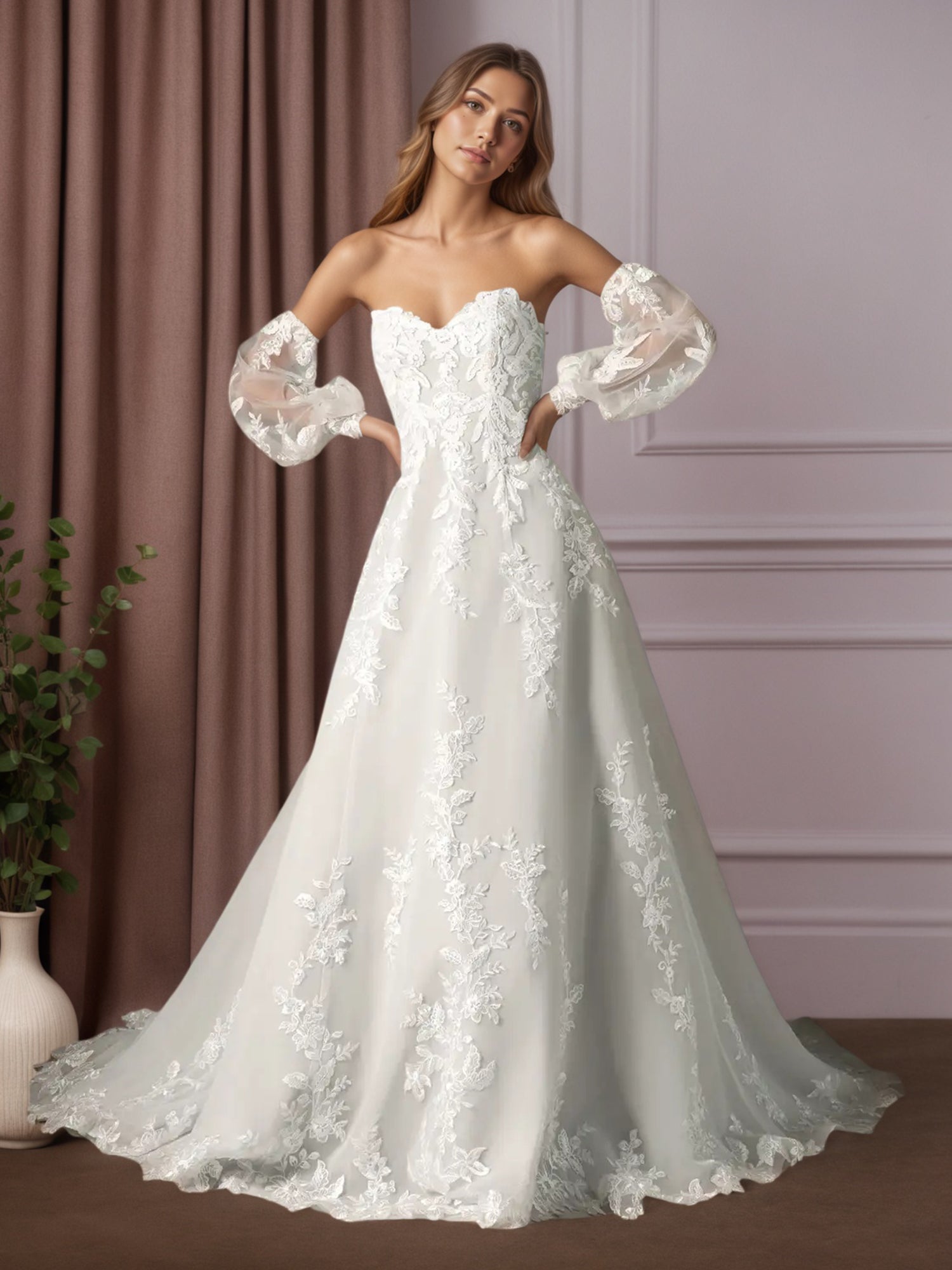 White Ball-Gown Strapless Lace Wedding Dress