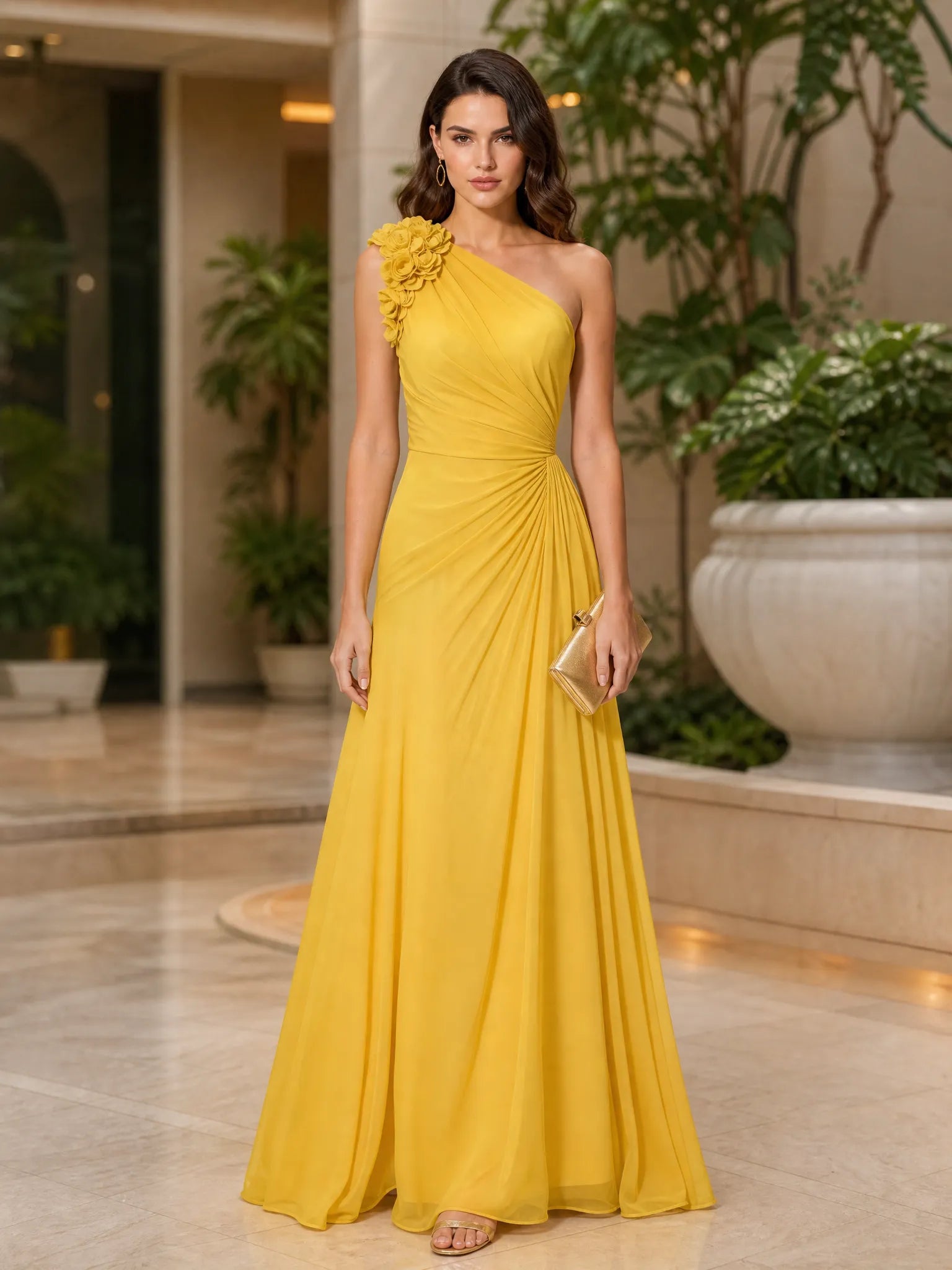 Sunny Yellow One-Shoulder Floral Accent Chiffon Evening Dress