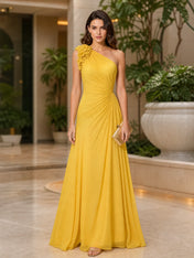 Sunny Yellow One-Shoulder Floral Accent Chiffon Evening Dress