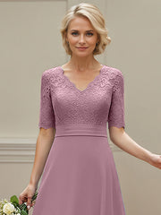 Wisteria A-line V-Neck Tea-Length Chiffon Lace Mother of the Bride Dress with Appliques