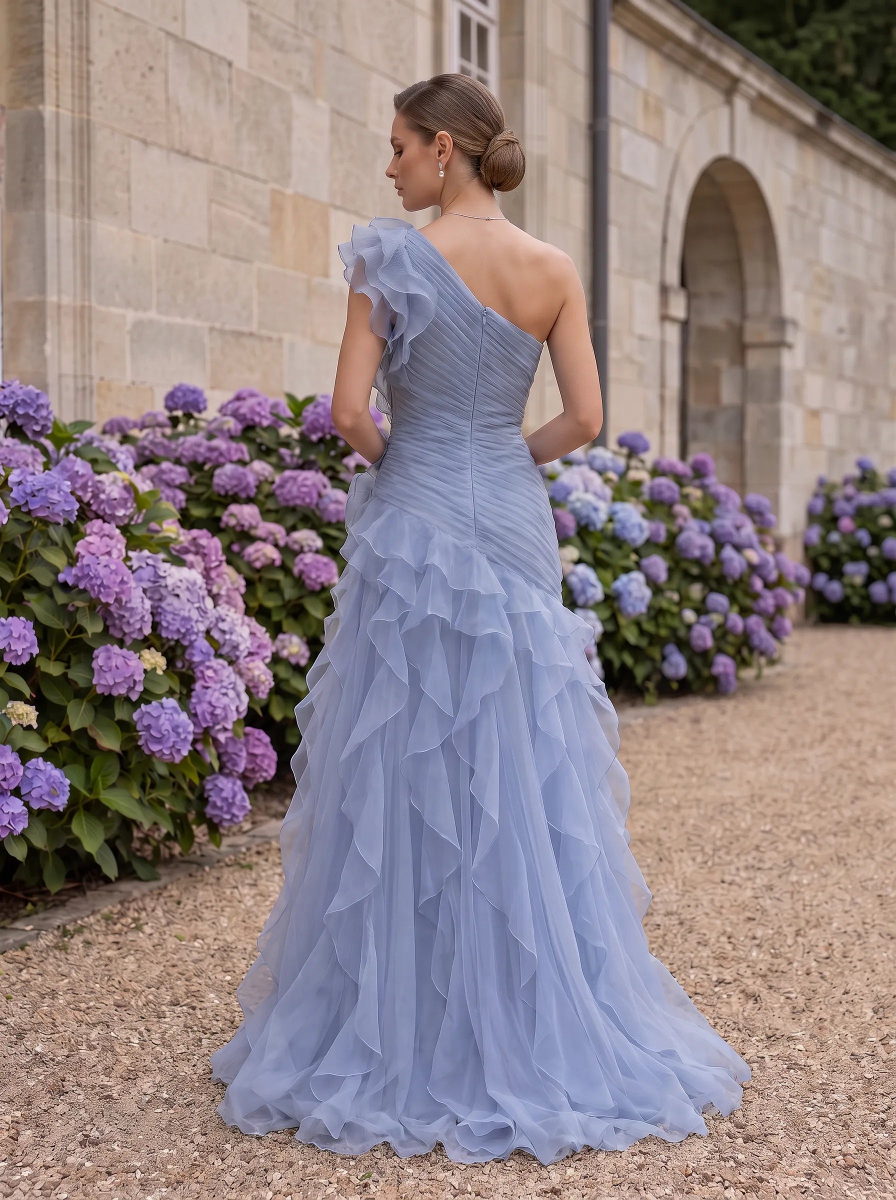 One-Shoulder Ruffled Chiffon Prom Dress with High Slit and Rosette Detail