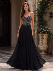 Black Rhinestone Embellished Corset Sweetheart Floor-Length Gown Dress