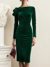 Green 3D Floral Ruched Velvet Boat Neck Long Sleeve Sheath Midi Dress