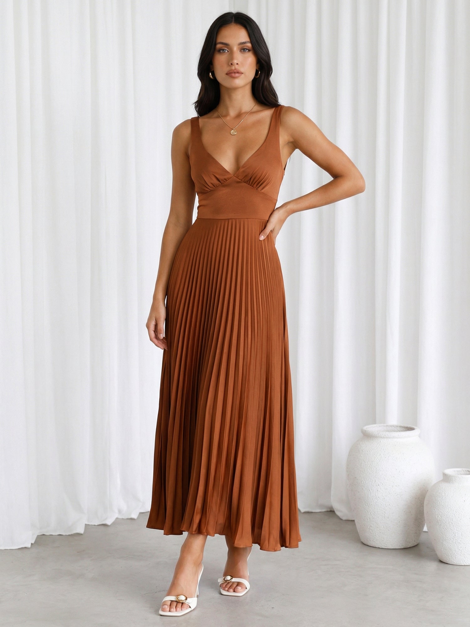 Orange V Neck Regular Straps A Line Maxi Dress with Pleat