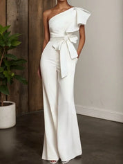 Women White Bow One Shoulder Wide-Leg Jumpsuit