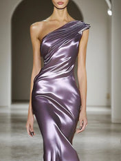 Evening Party Satin Dress Purple One-Shoulder Pleated Maxi Dress