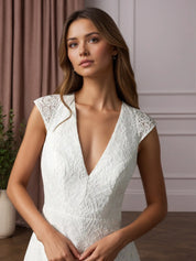 White A-Line Tea-Length Lace Wedding Dress