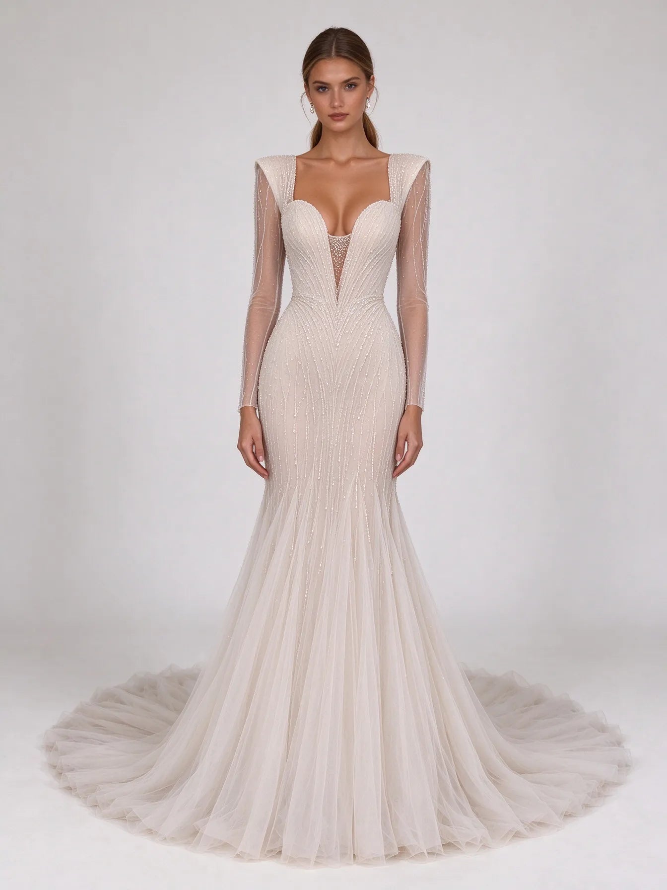 Structured Padded-Shoulder Plunge-Neck Beaded Mermaid Wedding Dress with Sweep Train