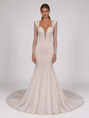 Structured Padded-Shoulder Plunge-Neck Beaded Mermaid Wedding Dress with Sweep Train