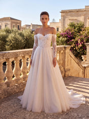 Off-the-Shoulder Floral Lace Corset Sparkle Tulle A-Line Wedding Dress