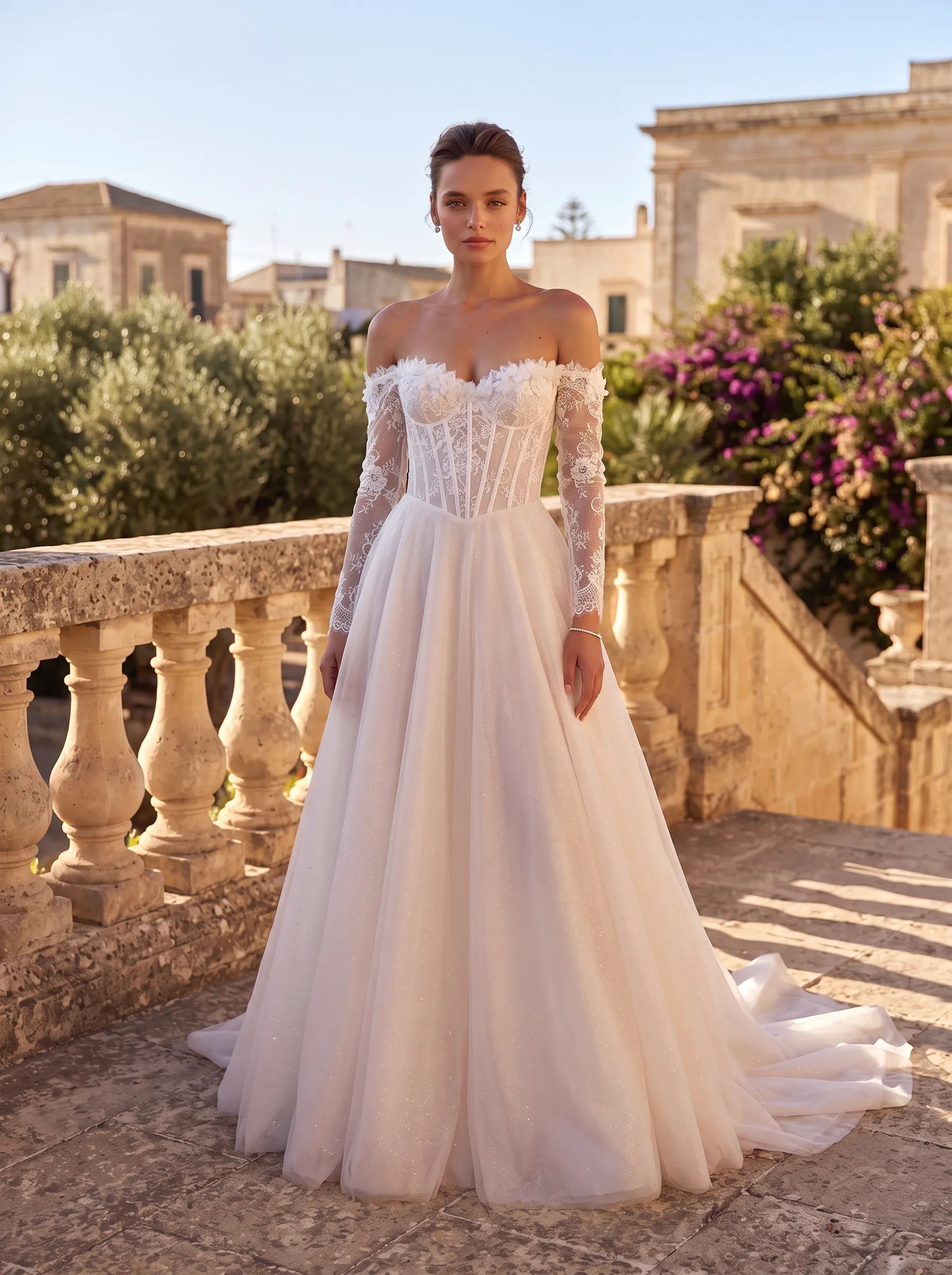 Off-the-Shoulder Floral Lace Corset Sparkle Tulle A-Line Wedding Dress