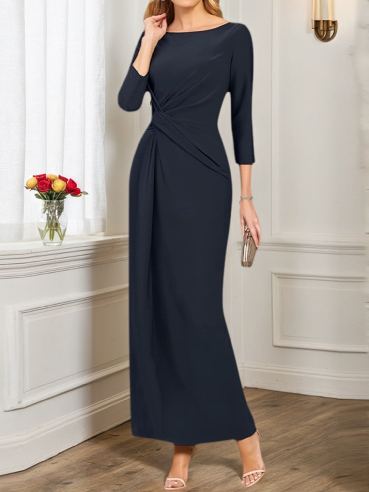 Mother of th Bride Dress Navy Crew Neck Maxi 3/4 Sleeve Dress