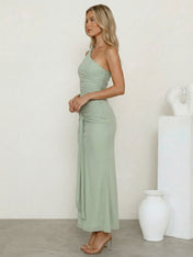 Sage Green One Shoulder Mermaid Satin Maxi Dress Tea Length