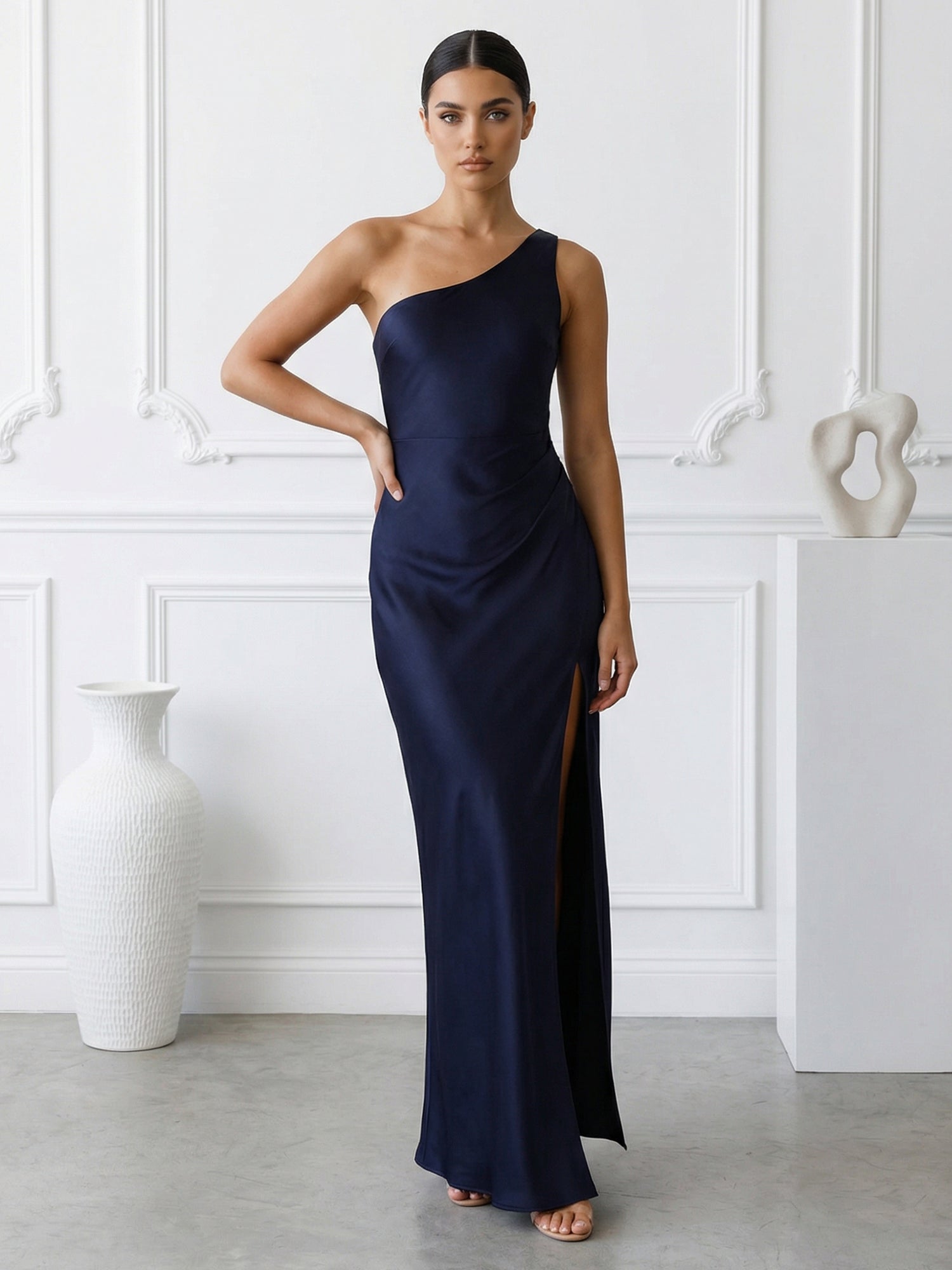 Navy Blue One Shoulder Mermaid Maxi Dress with Slit