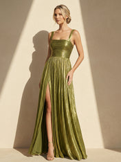 Pleat Maxi Dresses with Slit A Line Regular Straps Formal Dress