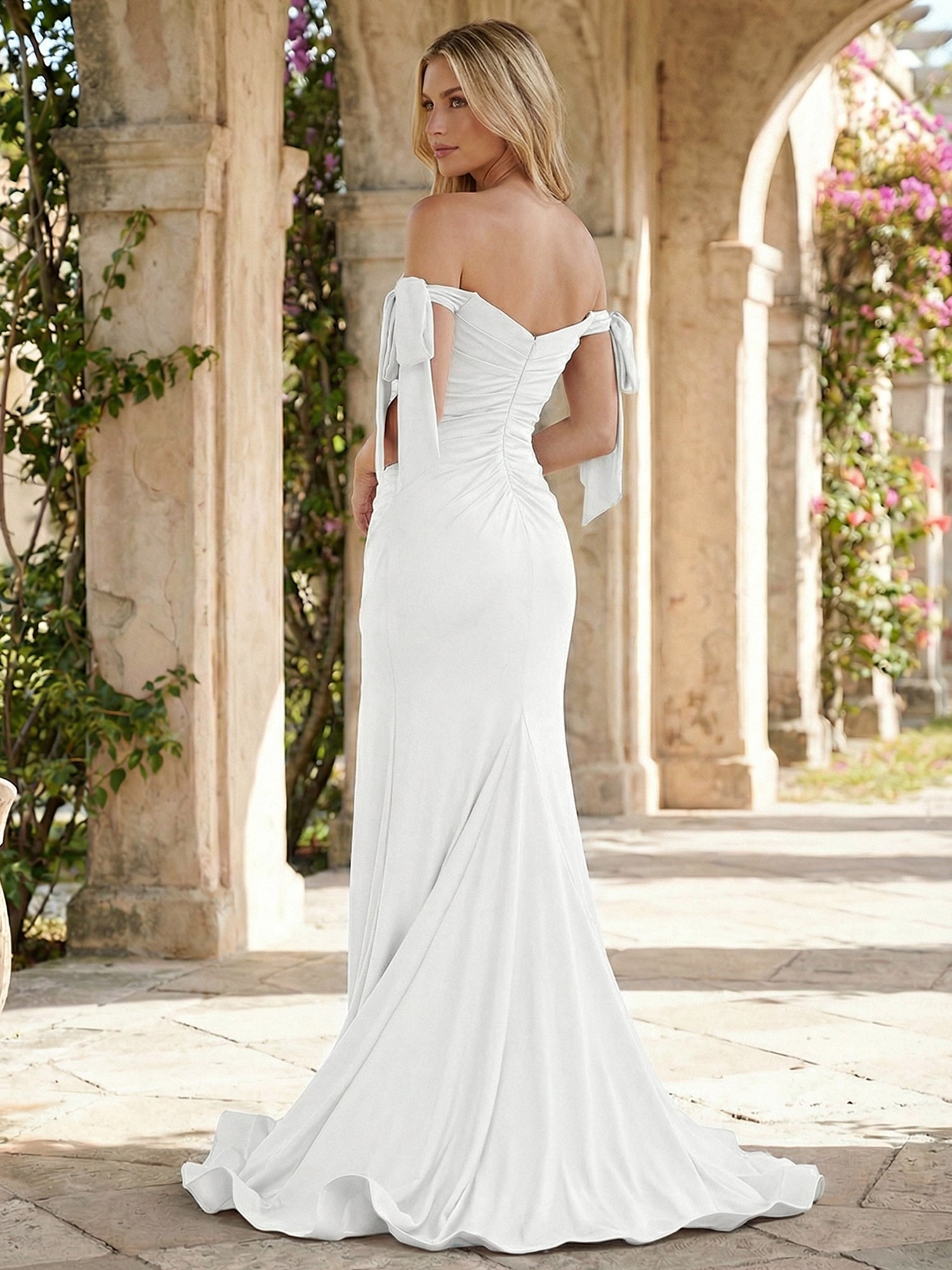 White Satin Off-the-Shoulder Bow Prom Dress