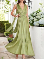 Fall Wedding Guest Dress Green Satin Pleated Maxi Dress with Scarf