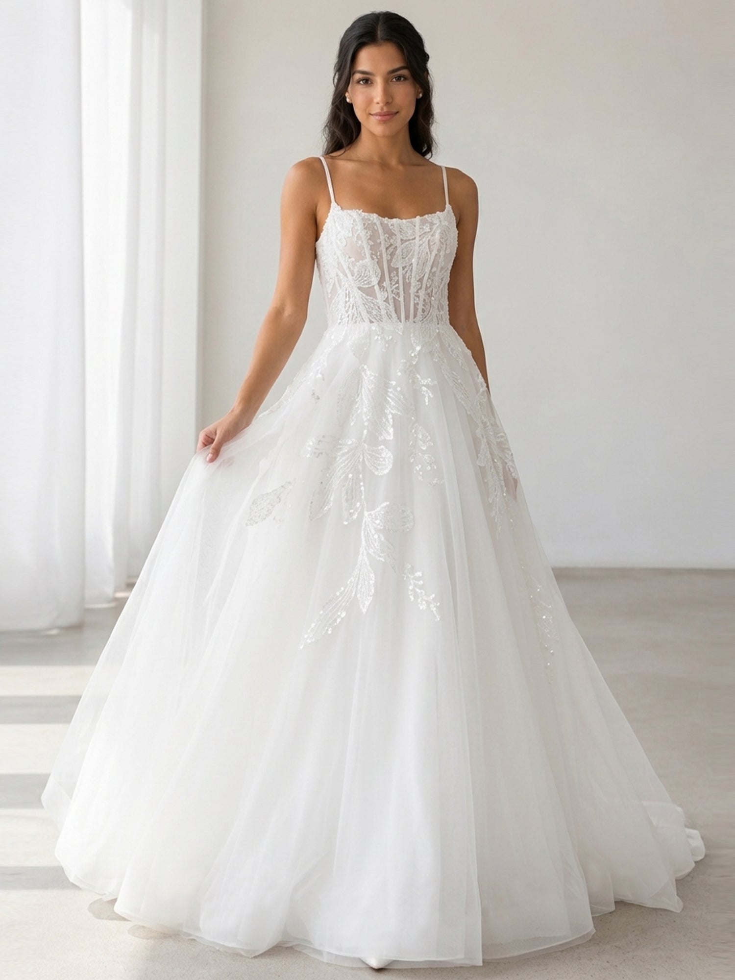 Elegant Spaghetti-Strap White Tulle A-Line Wedding Dresses with Corset and Chapel Train