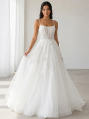 Elegant Spaghetti-Strap White Tulle A-Line Wedding Dresses with Corset and Chapel Train