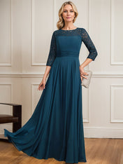 A-line Scoop Illusion Floor-Length Lace Chiffon Mother of the Bride Dress With Pleated