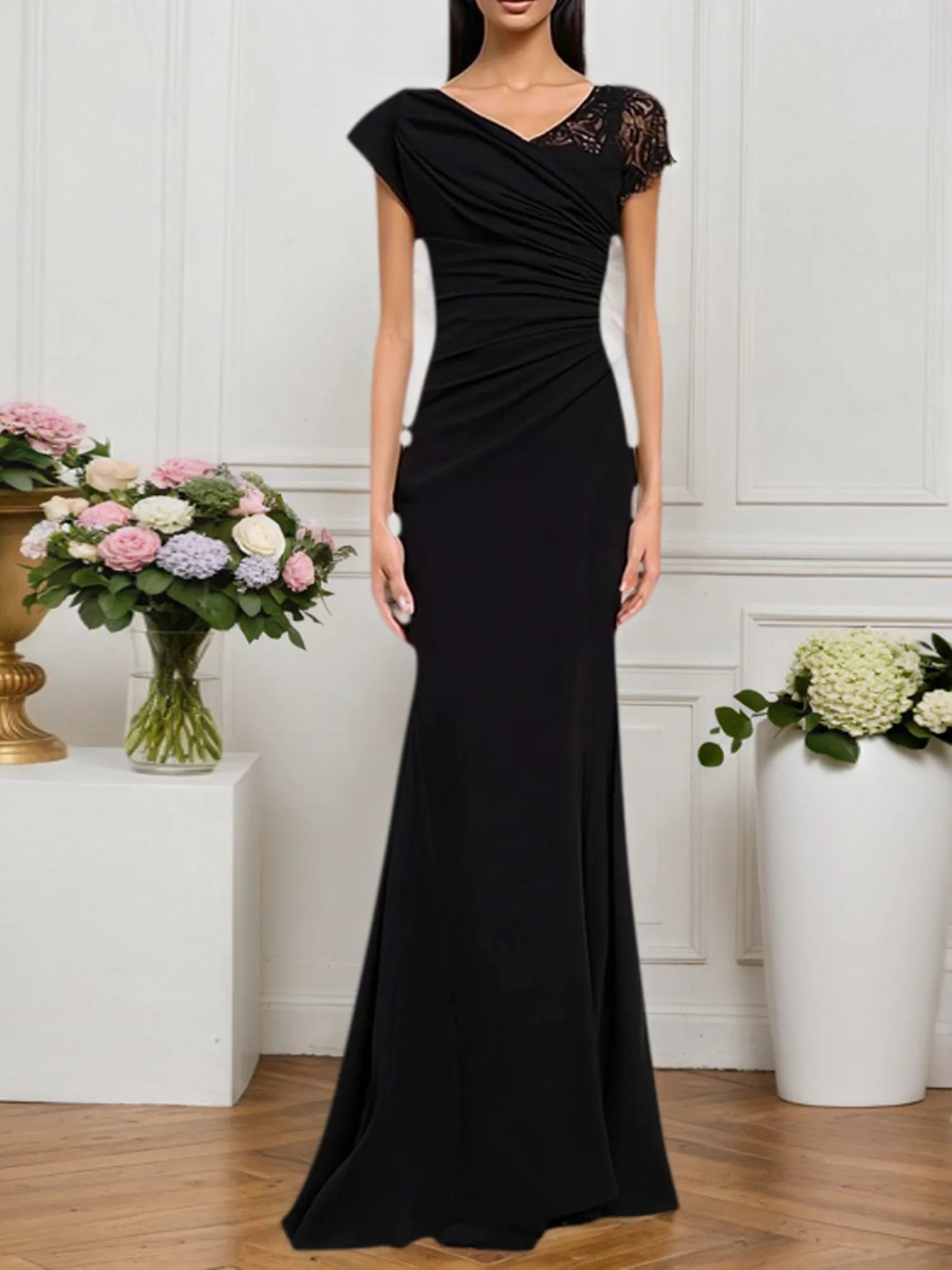 Formal Dress Black V Neck Lace Maxi Dress
