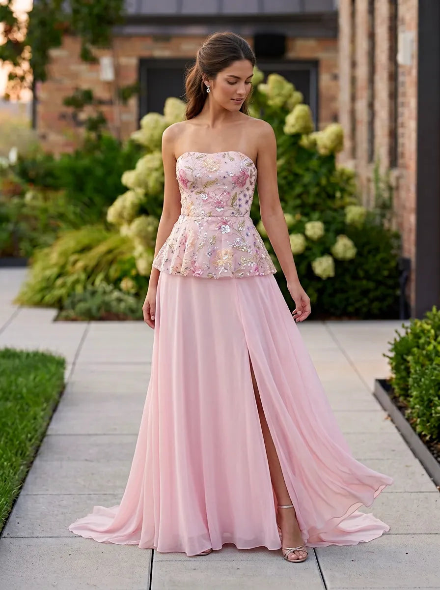 Strapless Embroidered Floral Peplum Pink A-Line Evening Dress