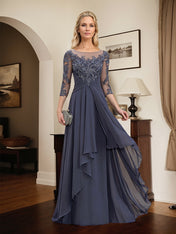 A-line Scoop Illusion Floor-Length Lace Chiffon Mother of the Bride Dress With Cascading Ruffles