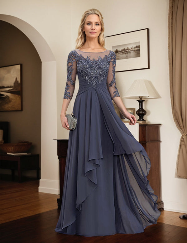 Robe de mère de la mariée trapèze en mousseline de soie et dentelle, longueur au sol, avec volants en cascade 