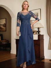 A-line Scoop Illusion Asymmetrical Lace Chiffon Mother of the Bride Dress With Sequins Cascading Ruffles