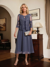 A-line Scoop Tea-Length Lace Chiffon Mother of the Bride Dress With Sequins