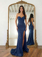 Navy Blue Strapless Sequin Prom Dress with Linear Beading