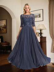A-line Scoop Illusion Floor-Length Chiffon Lace Mother of the Bride Dress With Pleated Sequins