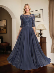 A-line Scoop Illusion Floor-Length Chiffon Lace Mother of the Bride Dress With Pleated Sequins