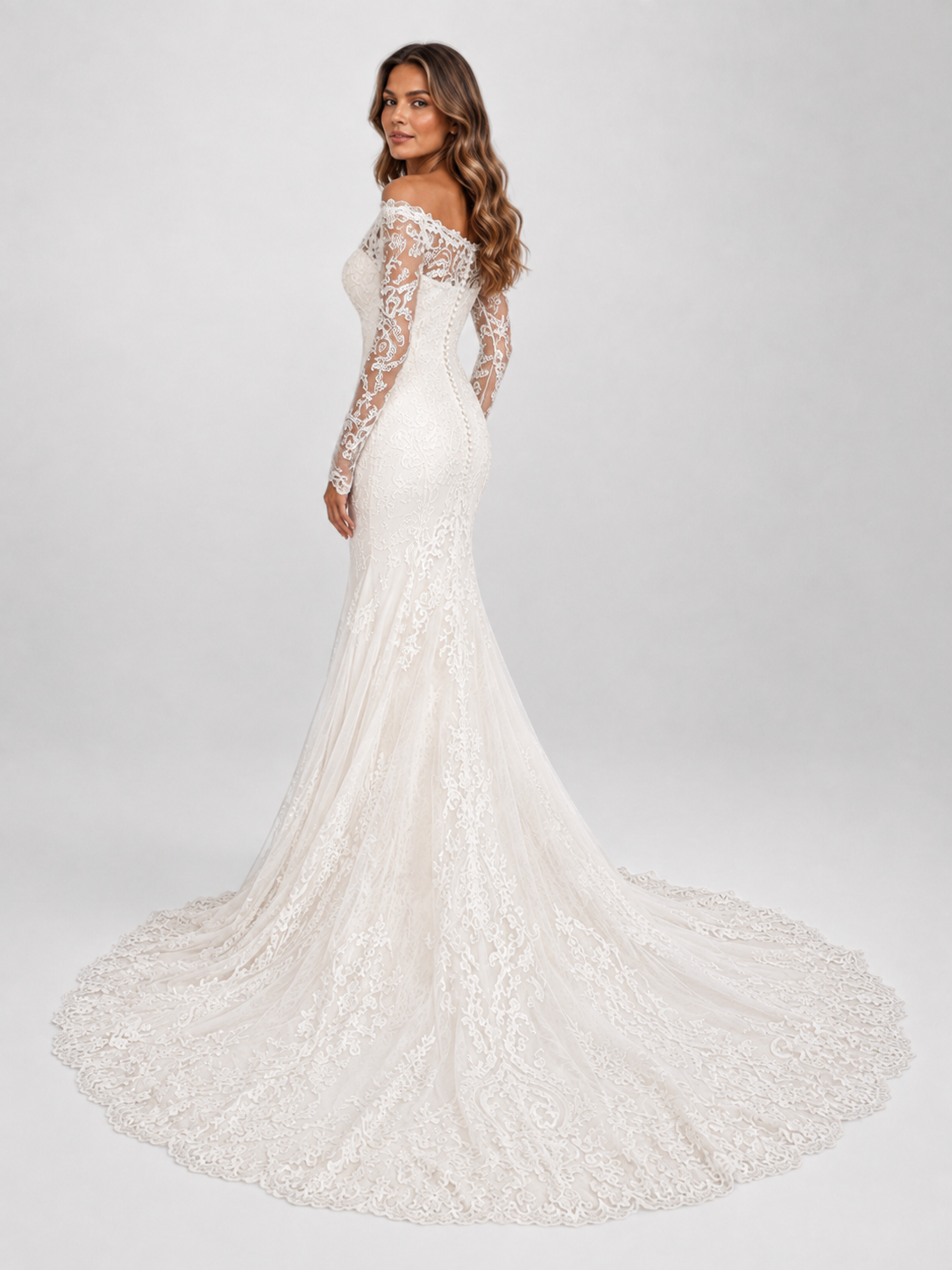 Elegant Off-the-Shoulder Long Sleeve Lace Appliqué Mermaid Wedding Dress with Chapel Train