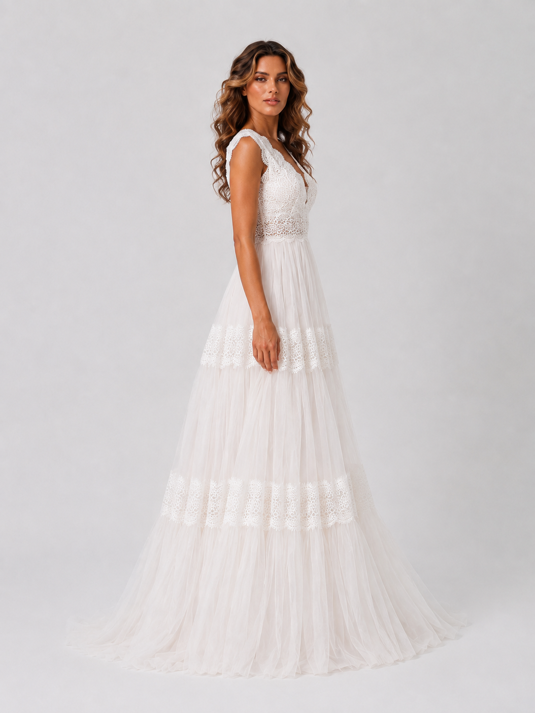 Elegant Lace Tiered Tulle A-Line Wedding Dress with Sweep Train