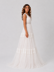 Elegant Lace Tiered Tulle A-Line Wedding Dress with Sweep Train