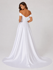 Elegant Off-the-Shoulder Draped Satin A-Line Wedding Dress with High Slit and Chapel Train