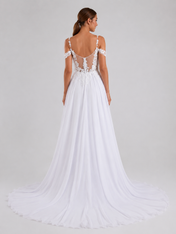 Elegant Off-the-Shoulder Lace Applique Chiffon A-Line Wedding Dress with High Slit and Chapel Train