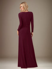 A Line Cabernet Stretch Crepe Scoop Neck Long Sleeves Floor Length Dress