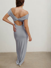 Party Elegant Slate Grey Dress Sleeveless Pleated Floor-Length Dress