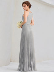 Silver A-Line Scoop Floor-Length Lace Chiffon Dresses With Pleated