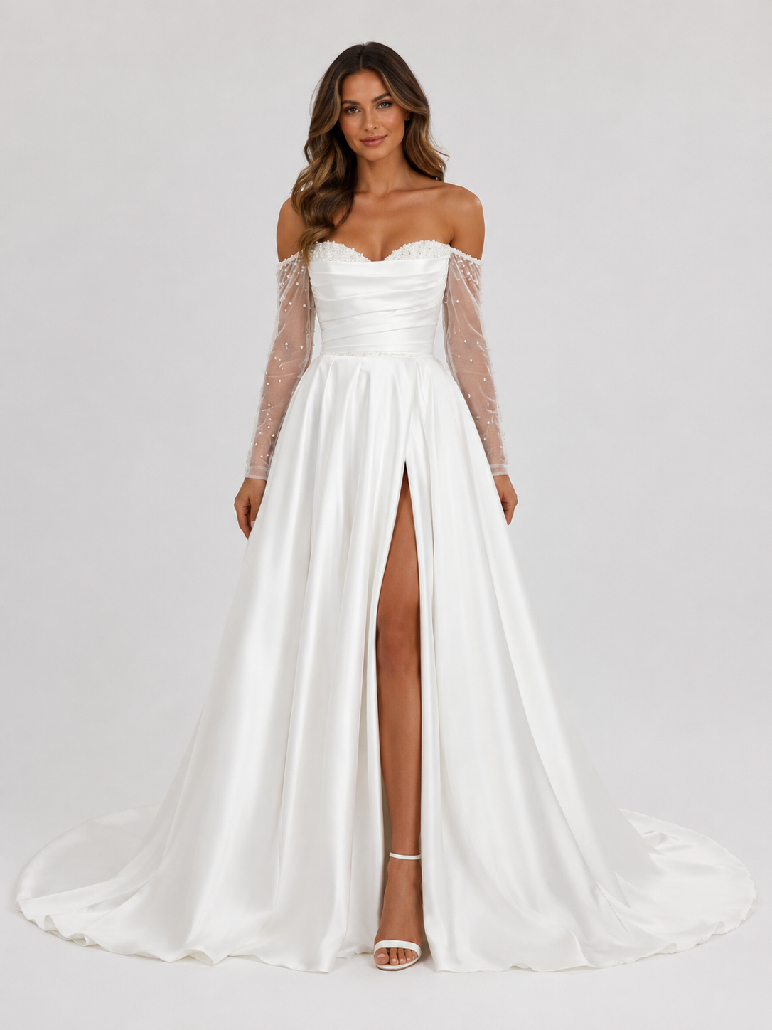 Elegant Off-the-Shoulder Beaded Sleeve Satin A-Line Wedding Dress with High Slit and Chapel Train