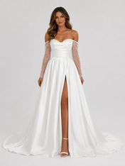 Elegant Off-the-Shoulder Beaded Sleeve Satin A-Line Wedding Dress with High Slit and Chapel Train