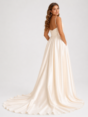 Elegant Cowl Neck Satin A-Line Wedding Dress with High Slit and Chapel Train