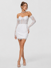 Elegant Off-the-Shoulder Corset Lace Mini Wedding Dress with Long Sleeves