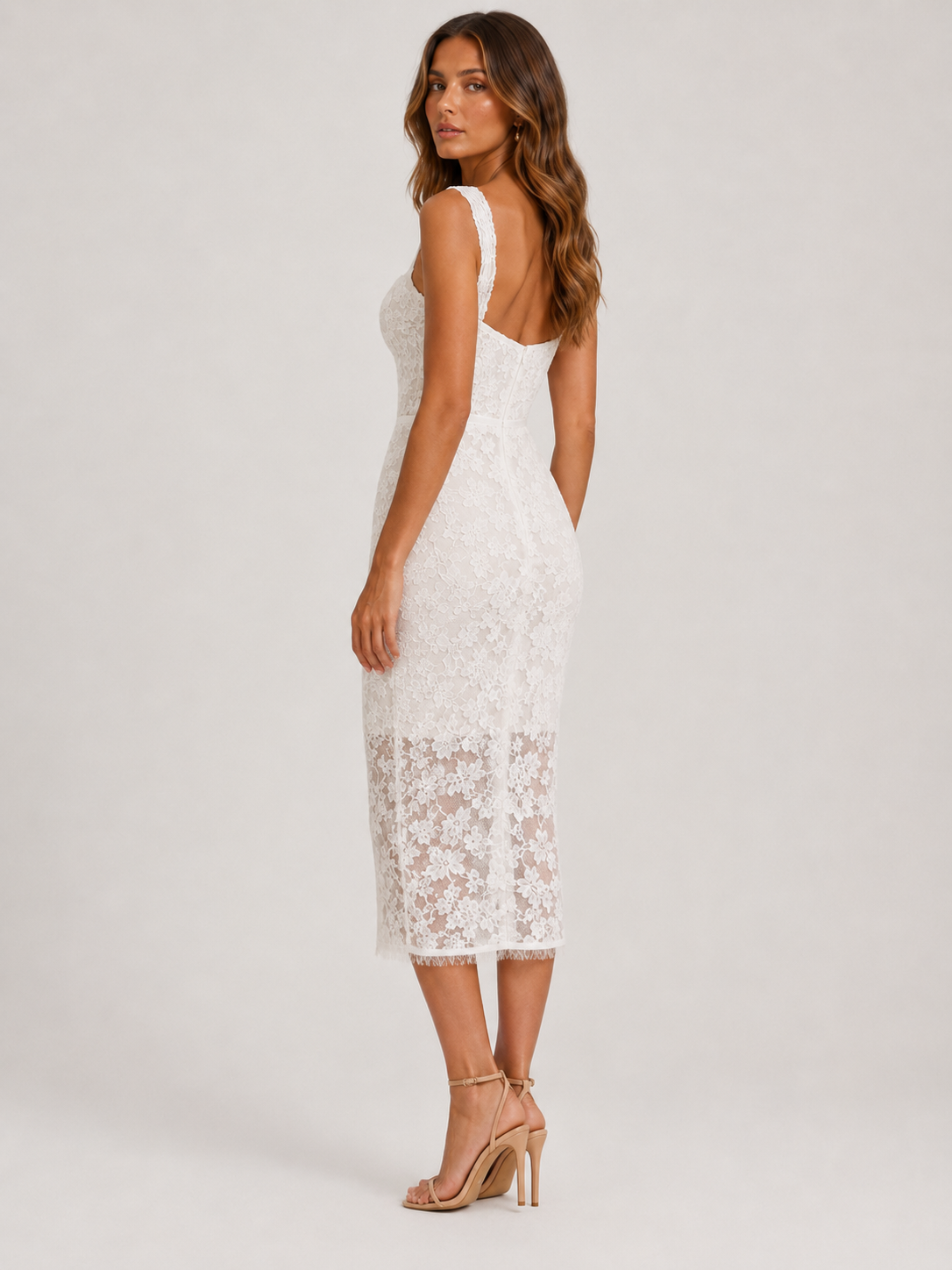 Elegant Scoop Neck Lace Appliqué Midi Cocktail Wedding Dress with Wide Straps