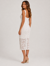 Elegant Scoop Neck Lace Appliqué Midi Cocktail Wedding Dress with Wide Straps