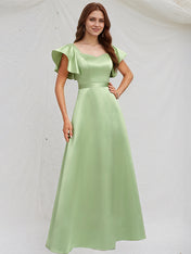 A Line Sage Satin Asymmetrical Neck Floor Length Dress With Ruffle Sleeves